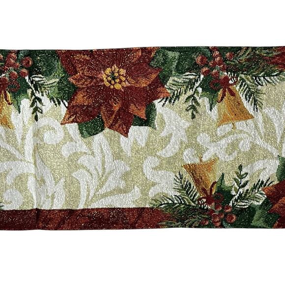 Vintage Tapestry Christmas Gold Bell Red Poinsettia Table Runner Decor 14"x71" - Picture 3 of 4